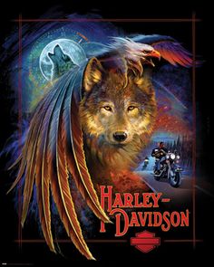 harley davidson poster featuring a wolf and an eagle