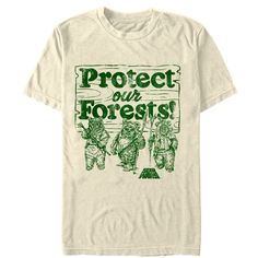 Don't let the Empire destroy the forests of Endor! Stand up to Stormtroopers with the Star Wars Ewok Protect Our Forests Cream T-Shirt. A vintage-style distressed green print reads "Protect Our Forests" above three Ewoks and the Star Wars logo printed on the front of this awesome cream Ewok T-shirt. Size: medium. Color: brown. Gender: male. Age Group: adult. Pattern: Fictitious Character. Material: Cotton. Star Wars Ewok, Cream T Shirt, Star Wars Outfits, Slim Fit Shorts, Dream Clothes, Look Cool, The Star, Mens Tees, Capsule Wardrobe