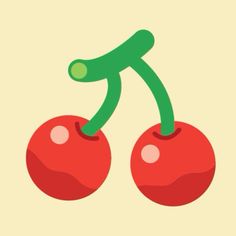 two cherries with green stems on top of each other, one red and the other green