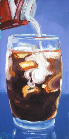 a painting of a beverage being poured into a glass with ice and cinnamon sticks in it