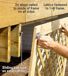 a person is attaching a wooden fence to the side of a building with instructions on how to install it