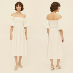 Pre-Owned, Excellent Condition Fits Like Size Small Reformation Tuli Midi Dress In White Sz Off Shoulder Smocked Puffed Sleeves Materials: 98% Cotton 2% Spandex Dress Flowy, Reformation Dress, Puff Sleeve Dress, Reformation Dresses, Puffed Sleeves Dress, Puffed Sleeves, Square Neck, Sleeve Dress, Smocking