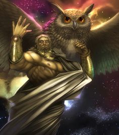 an image of a man with an owl on his shoulder and wings in the air