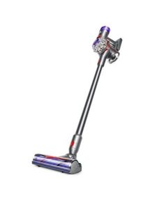 a silver and red vacuum cleaner on a white background