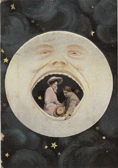 two men are looking at the moon with their faces in the sky and stars around them