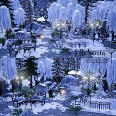 a snowy park with benches and trees covered in snow, lit by street lights at night