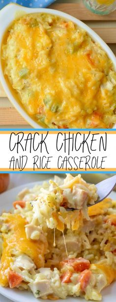 chicken and rice casserole is shown in two different pictures with the title above it