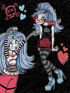 two cartoon girls with long blue hair and red makeup, one is holding the other's hand