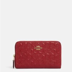 Coach Signature Medium Id Wallet Signature Smooth Calf Leather And Smooth Leather Nine Credit Card Slots Bill Compartments Id Window Zip Coin Pocket Zip-Around Closure 6 1/2" (L) X 3 3/4" (H) X 3/4" (W) Style No. Cc942 Im/1941 Red New In Original Sealed Packaging Elegant Coach Clutch With Card Slots, Elegant Coach Clutch Wallet, Elegant Red Coach Wallet, 2024 Goals, Red Wallet, Id Wallet, Coach Wallet, Red Gold, Smooth Leather