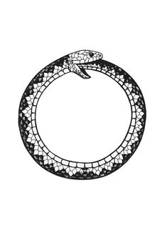 a black and white drawing of a snake's head in a circular frame on a white background