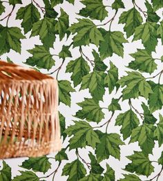 a wicker basket sitting on top of a wall next to a green leafy wallpaper