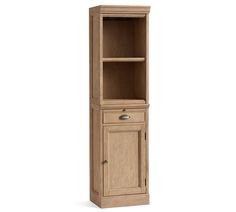 a tall wooden cabinet with two doors and one drawer on the bottom shelf is shown