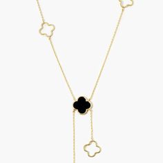 18k Gold Plated Quatrefoil Lariat Necklace. Closes In The Back. Black Enamel Filled. Very Classy And Expensive Looking. Elegant Black Lariat Necklace With Adjustable Chain, Gemstone Chip Necklace, Ribbon Choker Necklace, Tulip Necklace, Gemstone Choker Necklace, Clear Crystal Necklace, Geometric Pendant Necklace, Cat Pendant Necklace, Gemstone Choker