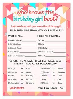 a birthday card with the words, who knows the birthday girl best?