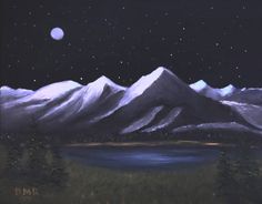 a painting of snow covered mountains at night