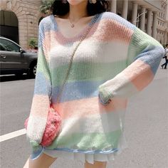 V Neck Long Sleeve Rainbow Striped Knitted Loose Pullover Sweater Bohemian Sweater, Loose Pullover Sweater, Unique Sweaters, Black Pleated Skirt, Stripe Outfits, Loose Pullover, Knitted Tops, Mohair Sweater, Loose Sweater