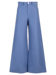 5-pocket wide-leg trousers from Marni, in opal blue cotton drill, with high waist and strap with embroidered MARNI signature, front and back pockets, front zip and button. Standard fit. Chic Light Blue Wide-leg Jeans, Chic Light Blue Wide Leg Jeans, Modern Blue Pants With Belt Loops, Light Blue Wide Leg Pants With Five Pockets, Blue Cotton Wide Leg Pants With Five Pockets, Modern Blue Bottoms With Five Pockets, Chic High Waist Light Blue Wide Leg Pants, Modern Wide Leg Blue Bottoms, Modern Wide Leg Blue Pants