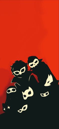 two people with masks on their faces are sitting in front of a red wall and one person is wearing a black mask