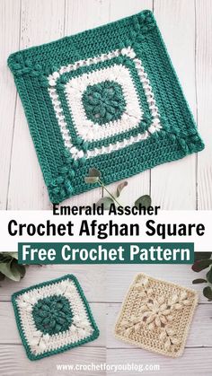 crochet afghan square pattern with text overlay that reads, emerald aster crochet afghan square free crochet pattern