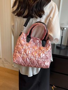 Bird in Bag - Metallic Glow Tote Bag with Adjustable Shoulder Strap and Stitching Pink Quilted Bag For Shopping, Quilted Pink Bag For On-the-go, Trendy Pink Quilted Bag, Bird In Bag, Bag Bag, Square Bag, Shoulder Strap, Stitching, Size Medium