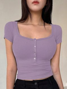 Women Plain Color Button Half-Open Slim Fit Summer T-Shirt With Pits Design Lilac Purple Casual  Short Sleeve Rib knit Plain  Medium Stretch Summer Women Clothing, size features are:Bust: ,Length: ,Sleeve Length: Purple Shirt Aesthetic, Lilac Clothes, Lilac Clothing, Lilac Top, Fit Summer, Purple Outfits, Purple Shirt, Plain Color, Lilac Purple