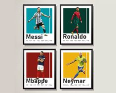 four different soccer players are featured in this set of three framed art prints, each with the names of their respective teams