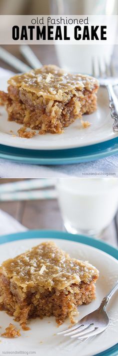 two white plates topped with desserts on top of each other and the words old fashioned oatmeal cake