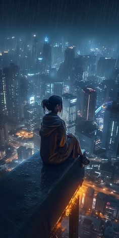 a woman sitting on top of a building looking out at the city in the rain