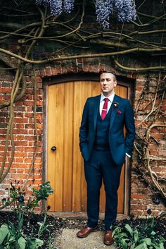 Navy Suit Red Tie, Blue Suit Burgundy Tie Wedding, Men’s Suits For Wedding, Suit With Red Tie, Navy Check Suit, Navy Blue Groom, Blue Red Wedding, Groom Suit Navy, Masculine Wedding