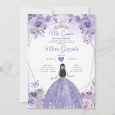 a purple and white princess birthday party with flowers on the front, an ornate frame around it