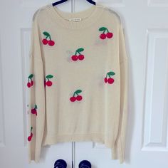 Very Cute. Never Worn, In Perfect Condition. Cute Crew Neck Sweater For Spring, Casual Embroidered Knit Sweater, Cute Embroidered Knit Tops, Casual Winter Sweater With Floral Embroidery, White Sweater With Floral Embroidery, White Casual Sweater With Floral Embroidery, Trendy Red Sweater For Spring, Casual Long Sleeve Sweater With Floral Embroidery, Cute Red Spring Sweater