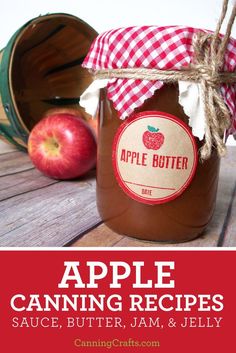 an apple canning recipe in a jar with the title overlaying it's image