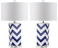 pair of blue and white chevron lamps