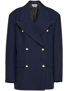 navy blue cotton gold-tone buttons wide notch lapels double-breasted button fastening long sleeves buttoned cuffs two front flap pockets straight hem central rear vent Blazer Blue, Versace Outfit, Cotton Blazer, Iconic Bags, Ballet Flat Shoes, Ski Wear, Lady Dior, Outerwear Women, Denim Dress