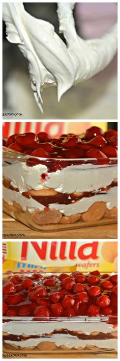 three different pictures showing the process of making a cake with white frosting and cherries