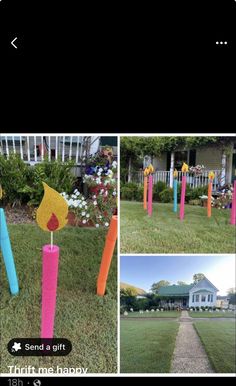 several pictures of different colored sticks in the grass and one has a candle on it