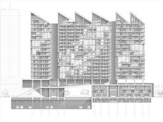 an architectural drawing of a tall building with many windows