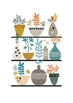 an illustration of pots and plants on shelves