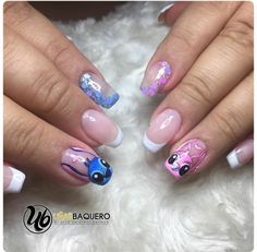 Lilo And Angel Nails, Stitch And Angel Nail Designs, Stitch Birthday Nails, Stitch Angel Nails, Stitch And Angel Nails Acrylic, Stitch Acrylic Nails, Manicure Stitch, Gel Nails Disney, Stitch And Angel Nails