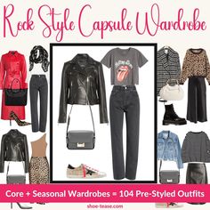 Are you drawn to an edgy style and looking to build and organize a versatile, rock style capsule wardrobe for year-round outfits? This 47-page capsule wardrobe guide has been designed to help!  This guide features 22 versatile core clothing items + 9 essential shoes and accessories to create multiple casual, office and evening outfits for all seasons and occasions.  --What's Included-- * 47-page Ebook in 3 PDF sizes: A4, A5 & US Letter * 104 Pre-Styled Edgy Rock Outfits made up of: - 22-piece All-Season Core Capsule Wardrobe Essentials - 9-piece All-Season Core Shoes & Accessories - 9-piece Summer + 10-piece Winter Add-Ons (clothing + accessories) * Info on the Rock style and How to Use the Capsule * 6 Rock Style Capsule Wardrobe Color Schemes * Daily and Weekly Outfit Planner Pages * Item Edgy Rock Outfits, Cbk Style, Edgy Capsule Wardrobe, Clothes Capsule, Capsule Wardrobe Planner, Rock Chick Style, Style Capsule Wardrobe, Essential Shoes, Rocker Chic Style