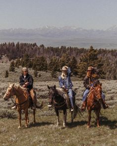 three people are riding horses in the mountains