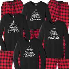 Jesus is the Reason Christmas Pajamas Outfit the whole family. Nothing says Christmas matching Jesus family pajamas...say cheese! This festive flannel set comes with a luxe 100% cotton t-shirt and plaid flannel pajama bottoms.  Put the family to bed in their Christmas pjs and let them rip open those packages Christmas morning. Your options are endless. This cozy pajama set is so comfortable it will be your go to uniform all winter break long. Set includes a long sleeve t-shirt printed with the J Black Long Sleeve Christmas Sets, Holiday Cotton Sets For Pajama Party, Holiday Cotton Loungewear Sets, Cotton Long Sleeve Sets For Holiday, Cotton Sleep Sets For Christmas, Holiday Long Sleeve Cotton Sets, Holiday Long Sleeve Loungewear Sets, Christmas Pajamas Outfit, Reason For The Season Christmas