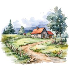 a watercolor painting of a farm with a dirt road leading to a barn and trees