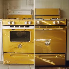 an old yellow stove and oven are shown in three different photos, one is dirty