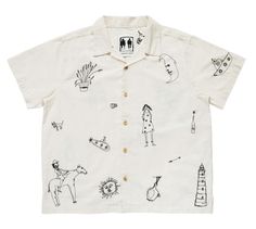 a white shirt with black drawings on it