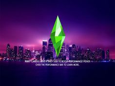 the city skyline is lit up in purple and green with an image of a diamond on it