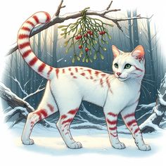 a white and red cat standing in the snow next to a tree with berries on it