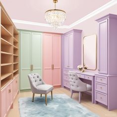 a bedroom with pink, green and purple furniture in the middle of it is also a chandelier