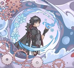 an anime character is standing in front of a circular background with gears and snowflakes