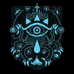 a blue and black artwork with an all seeing eye on it's face, surrounded by other symbols